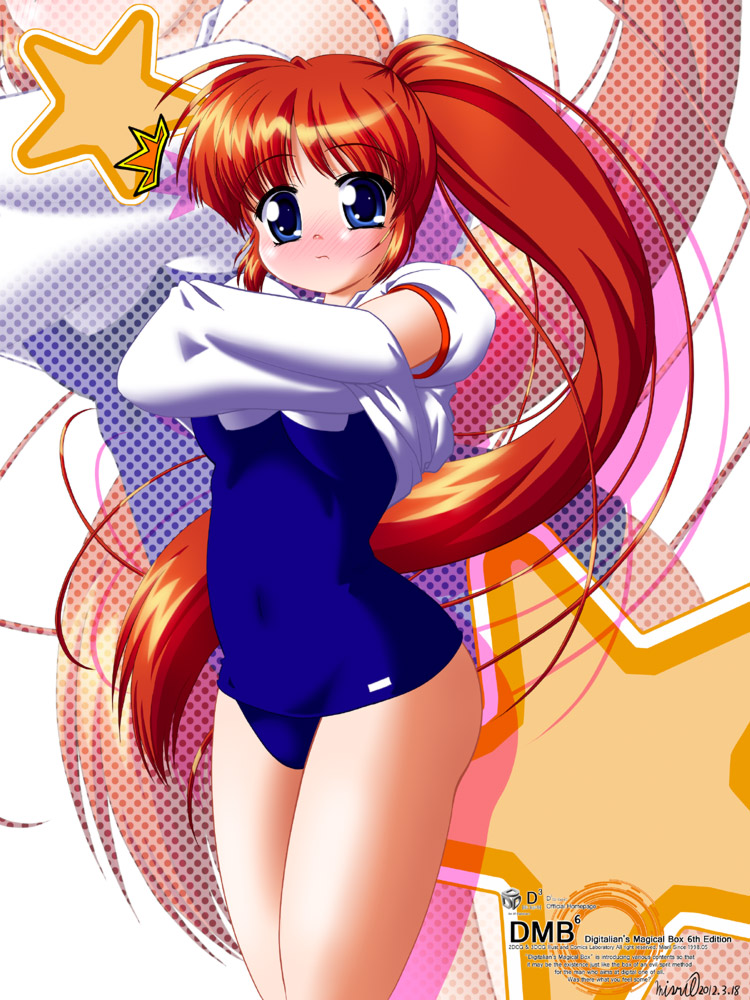 brown_hair long_hair lyrical_nanoha mahou_shoujo_lyrical_nanoha mahou_shoujo_lyrical_nanoha_strikers misril school_swimsuit swimsuit t-shirt takamachi_nanoha undressing zoom_layer