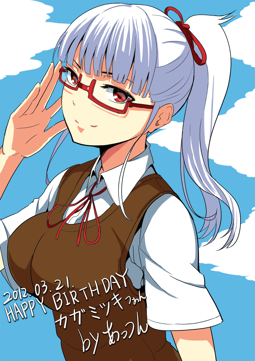 adjusting_glasses attsun_(atsushi_jb) breasts copyright_request glasses highres ponytail red-framed_glasses red_eyes smile solo white_hair