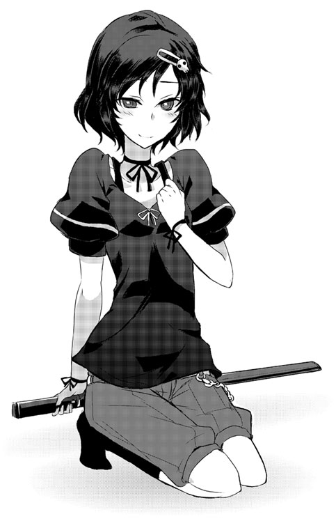 androgynous bad_id crossdressinging erf greyscale hair_ornament hairclip hand_on_own_chest holding kneeling male monochrome neck_ribbon ribbon scabbard sheath shorts simple_background smile solo sora_(efr) steins;gate trap urushibara_ruka white_background