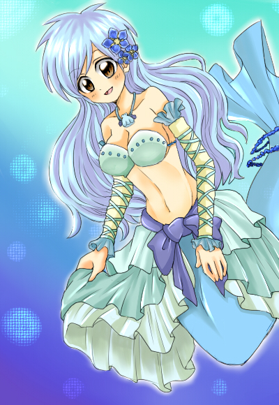 bad_id blue_hair blush breasts brown_eyes cleavage flower hair_flower hair_ornament houshou_hanon jewelry long_hair mermaid mermaid_melody_pichi_pichi_pitch monster_girl narihashi narihashi_rinne necklace open_mouth smile solo