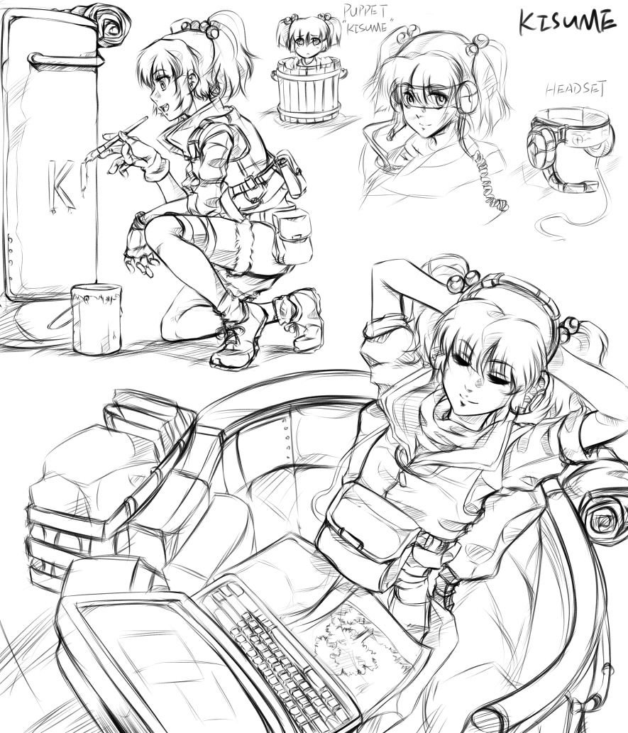 alternate_costume alternate_weapon arms_up braid bucket closed_eyes computer contemporary eyes_closed hair_bobbles hair_ornament headset in_bucket in_container kisume lleu military military_uniform monochrome paintbrush shoes sitting sketch smile sneakers solo touhou twin_braids uniform weapon