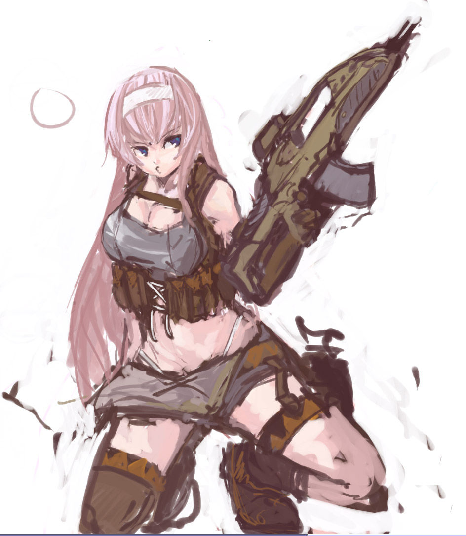 :3 aqua_eyes assault_rifle breasts cleavage gloves gun hairband knee_pads left-handed load_bearing_vest megurine_luka one_knee pan!ies pink_hair rifle short_shorts shorts solo thigh_strap vocaloid weapon xm8