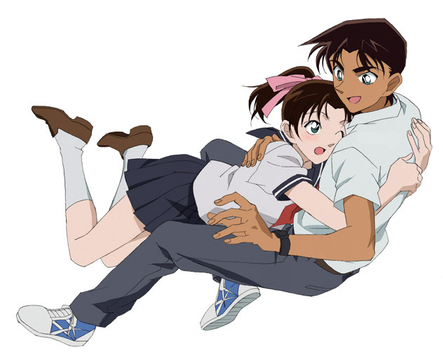 1girl brown_hair couple detective_conan hattori_heiji hug long_hair meitantei_conan mochizuki_(wakadori) ponytail school_uniform serafuku short_hair tooyama_kazuha