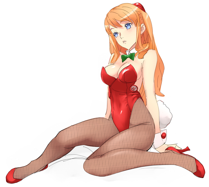 asuka_langley blue_eyes bow bowtie breasts brown_hair bunny_girl bunny_tail bunnysuit cleavage collar fishnet_pantyhose fishnets high_heels leotard long_hair neon_genesis_evangelion nishieda orange_hair pantyhose shikinami_asuka_langley shoes simple_background sitting solo soryu_asuka_langley souryuu_asuka_langley tail wrist_cuffs