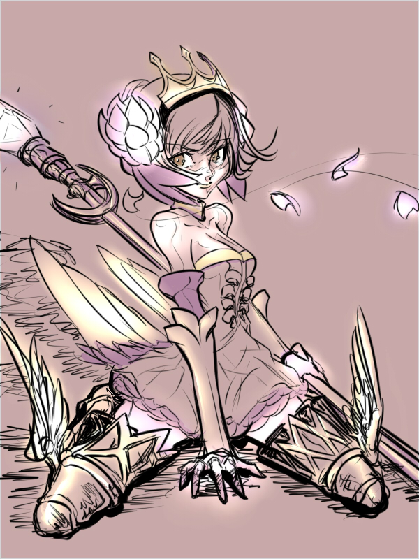 armor armored_dress bare_shoulders breasts brown_eyes brown_hair choker cleavage crown drawfag elbow_gloves flower gauntlets gloves gwendolyn hair_flower hair_ornament kneeling odin_sphere polearm short_hair spear weapon wings work_in_progress