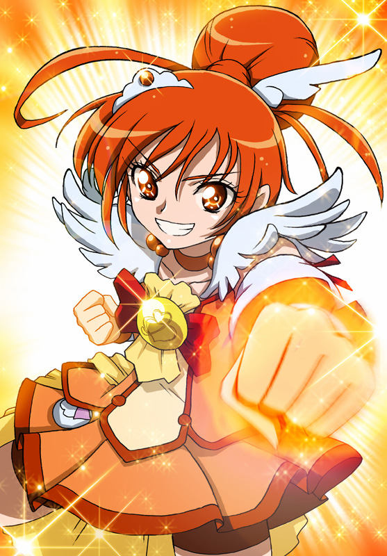 bike_shorts bow clenched_hand clenched_hands cure_sunny dress flame glowing grin head_wings hino_akane magical_girl orange_(color) orange_eyes orange_hair ponytail precure punching shijoh shijou_yukimasa shorts_under_skirt skirt smile smile_precure! solo tiara