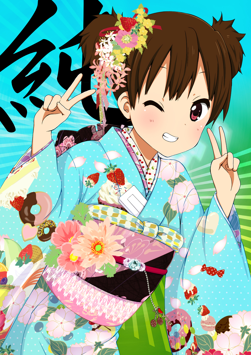 brown_hair double_v doughnut food food_themed_clothes fruit grin highres japanese_clothes k-on! kimono ragho_no_erika red_eyes short_hair short_twintails smile solo strawberry suzuki_jun twintails v wink