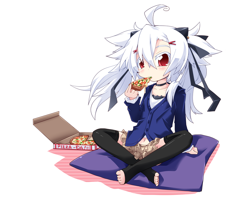 ahoge animal_ears barefoot cat_ears cushion eating food indian_style long_hair navel original pizza pizza_box red_eyes reku ribbon shiroko_(reku) silver_hair sitting solo thigh-highs thighhighs toeless_legwear toes twintails very_long_hair