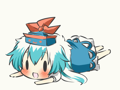 &gt;:) &gt;:d &gt;_&lt; :3 :d animated animated_gif blue_hair blush chibi hat kamishirasawa_keine long_hair lowres lying on_stomach open_mouth rebecca_(keinelove) smile solid_circle_eyes solo touhou