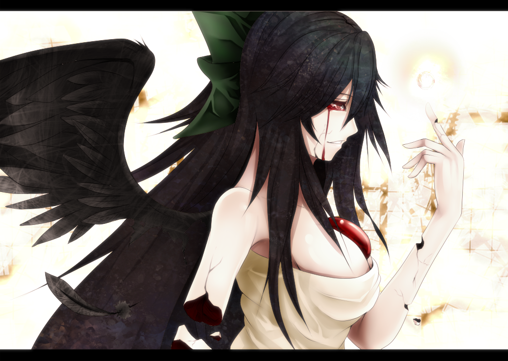 arm_up black_hair black_wings blood bloody_tears breasts bust crack cracks dissolving feathers hair_ribbon letterboxed long_hair nue0192 reiuji_utsuho ribbon shirt solo third_eye touhou wings