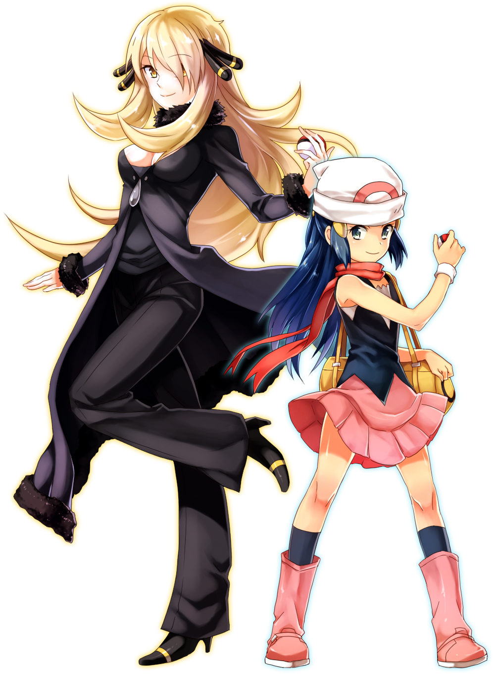 2girls blonde_hair blue_eyes blue_hair boots breasts hair_over_one_eye height_difference high_heels highres hikari_(pokemon) holding holding_poke_ball large_breasts long_hair multiple_girls poke_ball pokemon pokemon_(game) pokemon_dppt rex_k shirona_(pokemon) shoes skirt smile wristband yellow_eyes