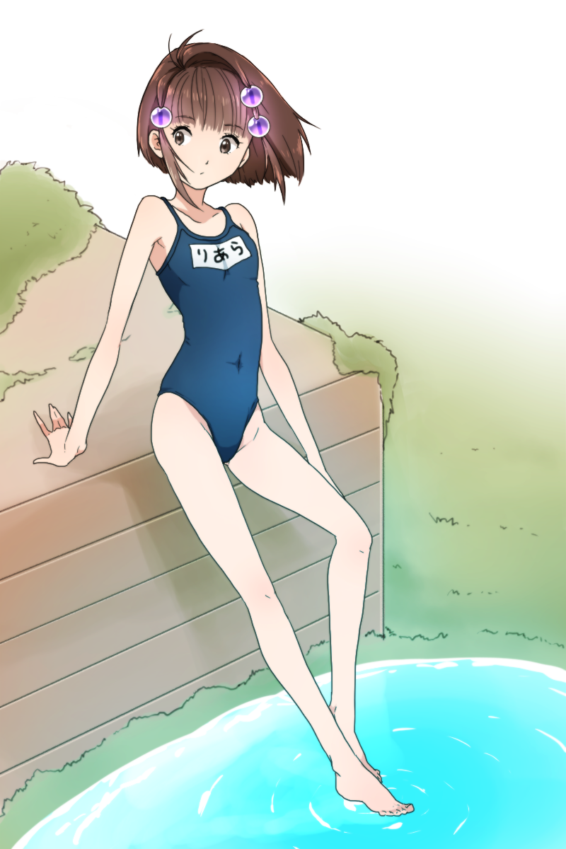 bare_legs bare_shoulders barefoot brown_eyes brown_hair feet flat_chest hair_ornament highres legs lhnao long_legs nyanyacchi one-piece_swimsuit reala ripples school_swimsuit short_hair sitting soaking_feet solo swimsuit tales_of_(series) tales_of_destiny_2 water