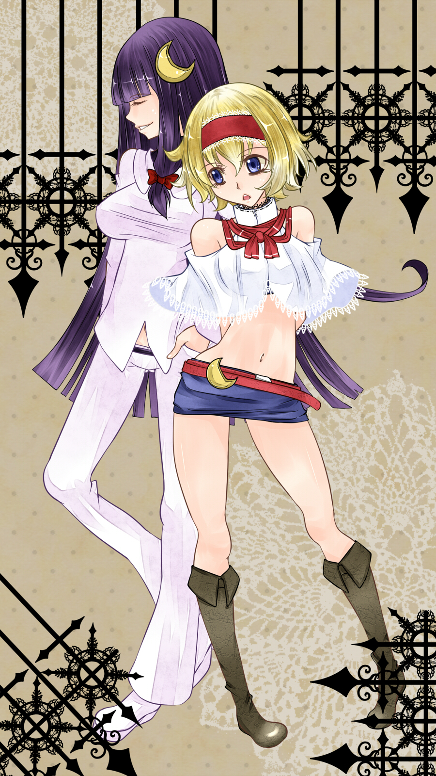 :o alice_margatroid aoshima bangs blonde_hair blue_eyes blunt_bangs boots capelet closed_eyes contemporary crescent crop_top grin hair_ribbon hairband hand_in_pocket highres long_hair midriff miniskirt multiple_girls navel no_hat no_headwear pants patchouli_knowledge pigeon-toed purple_hair ribbon short_hair skirt smile taut_shirt touhou