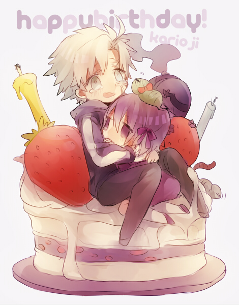 1girl arisuda cake candle chibi child crest_worm fate/zero fate_(series) food grey_eyes grey_hair heterochromia hoodie matou_kariya matou_sakura purple_eyes purple_hair straw tears uncle_and_niece violet_eyes worms young