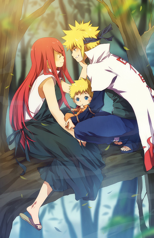 age_difference blue_eyes closed_eyes eyes_closed family father_and_son headband long_hair mother_and_son namikaze_minato naruto nuriko-kun red_hair redhead smile spiked_hair spiky_hair tree uzumaki_kushina uzumaki_naruto very_long_hair young