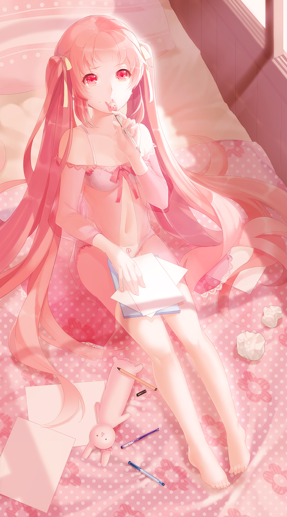 aile_(crossroads) barefoot bed bra hair_ribbon highres lingerie long_hair navel on_bed original panties papers pen pencil pink pink_eyes pink_hair polka_dot ribbon see-through sitting sitting_on_bed solo twintails underwear underwear_only very_long_hair