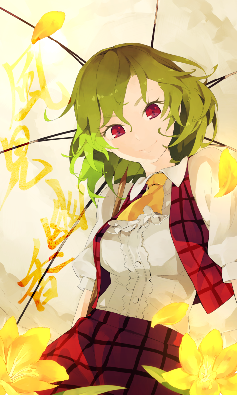 ascot breasts buttons dress_shirt flower green_hair kazami_yuuka looking_at_viewer open_vest petals plaid plaid_vest puffy_sleeves red_eyes revision shihou_(g-o-s) shirt short_hair short_sleeves skirt skirt_set smile solo touhou translation_request umbrella vest youkai