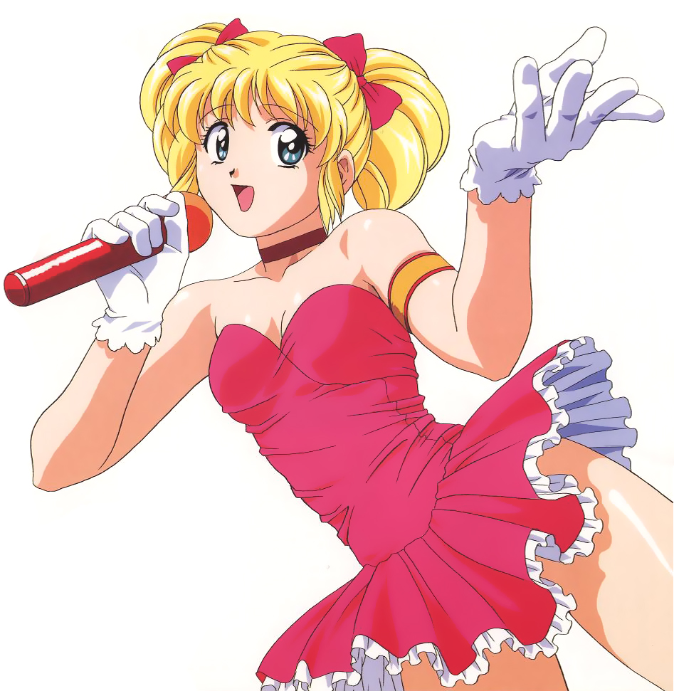 1girl armband bare_shoulders blonde_hair breasts choker cleavage dress female gloves green_eyes hair_ribbon happy idol_densetsu_eriko looking_at_viewer microphone official_art oldschool open_mouth ribbon short_hair singing skirt small_breasts smile solo strapless strapless_dress tamura_eriko twintails white_background