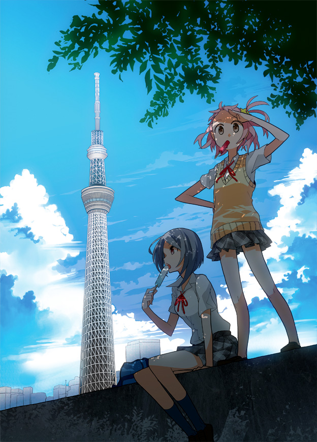 copyright_request food_in_mouth footwear hand_on_hip kashi-k legs looking_afar mouth_hold multiple_girls popsicle school_uniform shade shading_eyes sitting skirt sky socks tokyo_sky_tree tower tree_shade