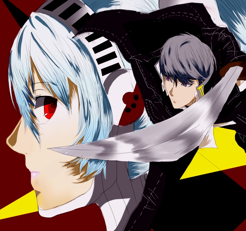 android aqua_hair grey_eyes grey_hair labrys narukami_yuu persona persona_4 persona_4:_the_ultimate_in_mayonaka_arena school_uniform short_hair weapon