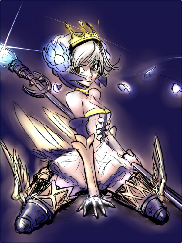 armor armored_dress bare_shoulders breasts brown_eyes choker cleavage crown drawfag elbow_gloves flower gauntlets gloves gwendolyn hair_flower hair_ornament kneeling odin_sphere petals polearm short_hair spear weapon white_hair wings