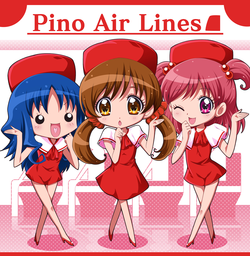 :d blue_hair brown_eyes brown_hair crossed_legs_(standing) dress happy hat heartcatch_precure! high_heels isumi kurumi_erika long_hair multiple_girls open_mouth pink_background pink_eyes pink_hair precure precure_all_stars_new_stage:_friends_of_the_future precure_all_stars_new_stage:_mirai_no_tomodachi red_dress sakagami_ayumi shoes skirt smile solid_circle_eyes stewardess twintails two_side_up uniform wink yes!_precure_5 yumehara_nozomi