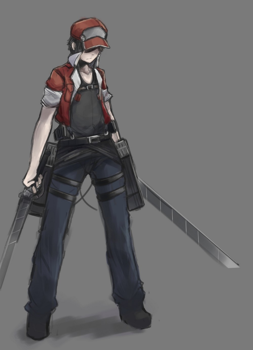 1boy baseball_cap belt black_hair buckle cable drawfag dual_wielding grey_background hat highres jacket pants pokemon pokemon_(game) red_(pokemon) shaded_face shingeki_no_kyojin shoes simple_background sleeves_pushed_up solo sword thigh_strap weapon