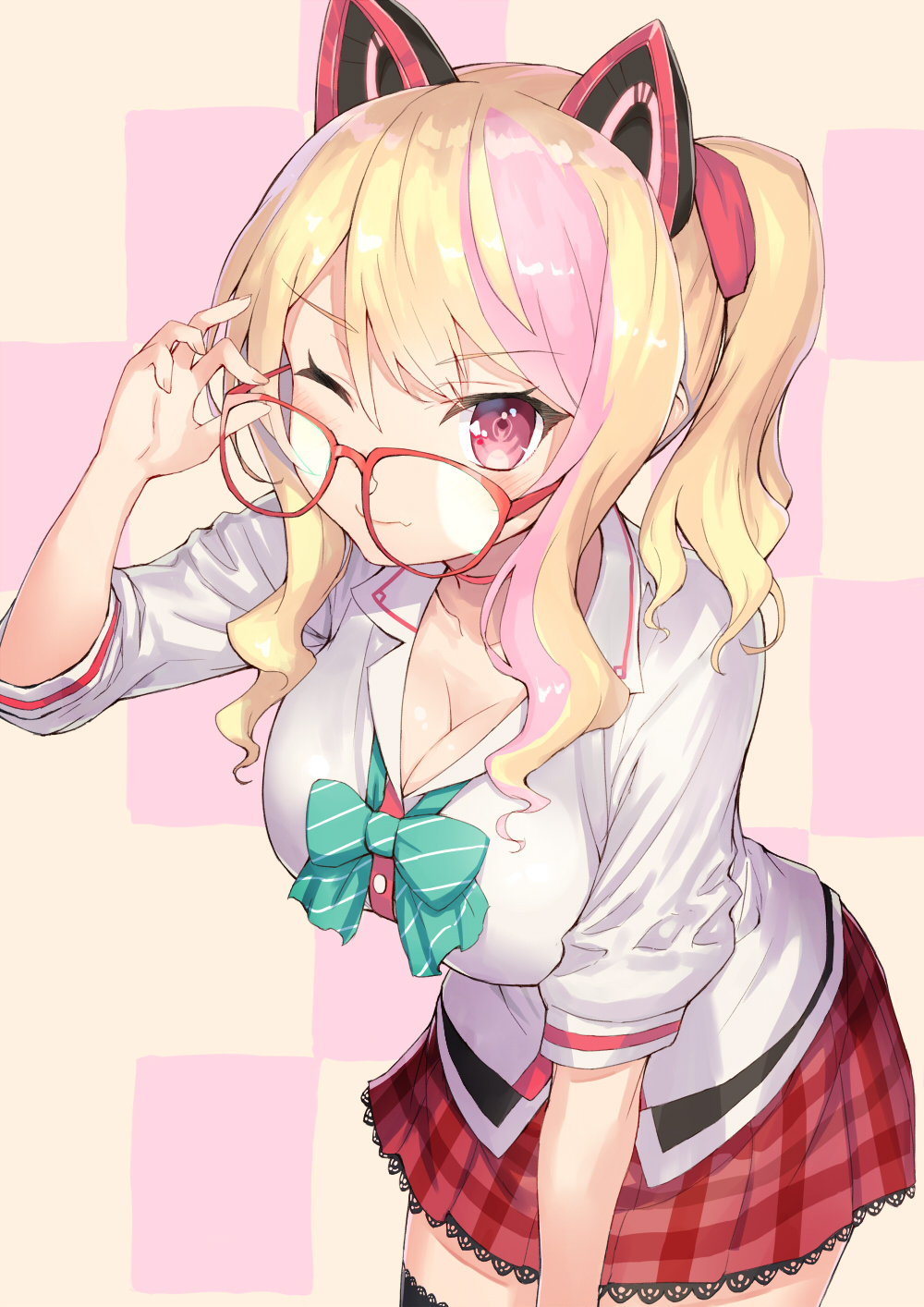 .live 1girl ;) adjusting_eyewear animal_ears arm_up bangs black_legwear blonde_hair bow bowtie breasts cat_ears character_request checkered checkered_background cleavage closed_mouth collared_shirt commentary_request eyebrows_visible_through_hair fang fang_out fingernails glasses green_neckwear hair_between_eyes highres jonsun lace lace-trimmed_skirt lace-trimmed_thighhighs large_breasts long_hair looking_at_viewer one_eye_closed plaid plaid_skirt pleated_skirt red-framed_eyewear red_eyes red_skirt shirt short_sleeves side_ponytail sidelocks skirt smile solo thigh-highs virtual_youtuber white_shirt