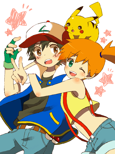 1boy 1girl bad_id belt black_hair blush brown_eyes child denim fingerless_gloves gloves green_eyes hat hug jacket kasumi_(pokemon) midriff mochi730 open_mouth orange_hair pikachu poke_ball pokemon pokemon_(anime) pokemon_(creature) satoshi_(pokemon) satoshi_(pokemon)_(classic) shorts side_ponytail smile star surprised suspenders tegaki v waist_poke_ball wink