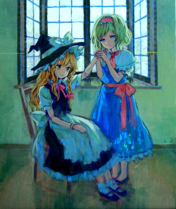 acrylic_paint_(medium) alice_margatroid ama-tou apron blonde_hair blue_eyes bow braid capelet character_doll doll_joints hairband hat hat_bow kirisame_marisa long_hair multiple_girls shoes short_hair single_braid touhou traditional_media waist_apron witch witch_hat yellow_eyes