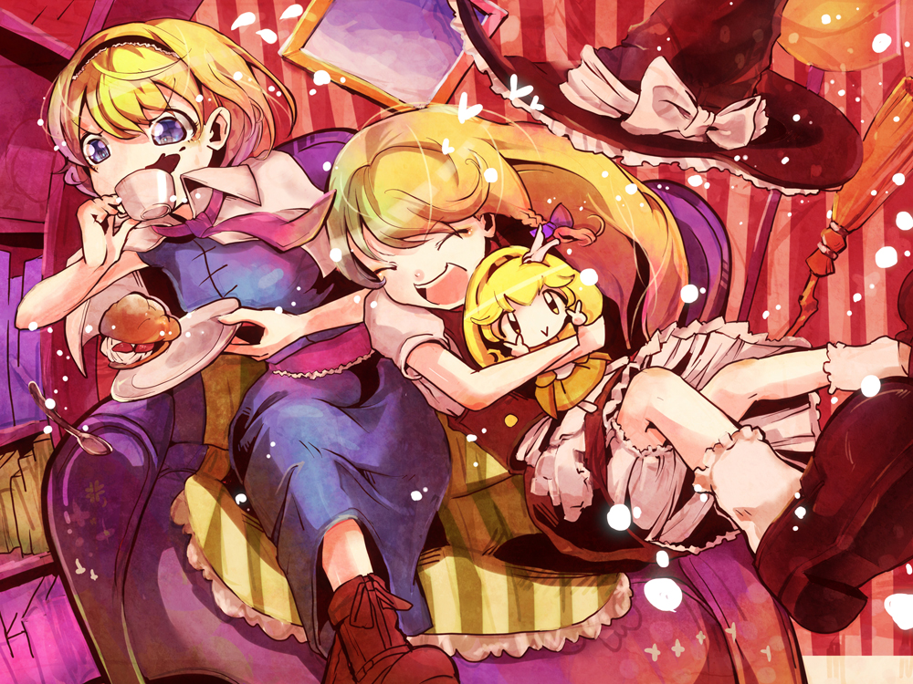 alice_margatroid blonde_hair bloomers blue_eyes book broom character_doll couch cream_puff cure_peace double_v hat jakkun kirisame_marisa multiple_girls pastry precure smile_precure! spoon tea touhou v witch witch_hat
