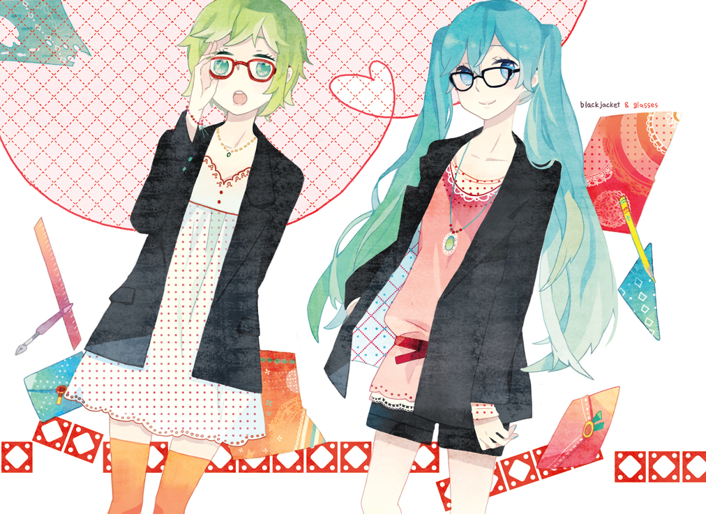 adjusting_glasses aqua_eyes aqua_hair bespectacled blazer bracelet envelope fountain_pen glasses green_eyes green_hair gumi hand_in_pocket hatsune_miku heart heart_of_string jewelry long_hair mig_(36th_underground) multiple_girls necklace open_mouth orange_legwear pen pencil ruler short_hair skirt smile thigh-highs thighhighs twintails vocaloid