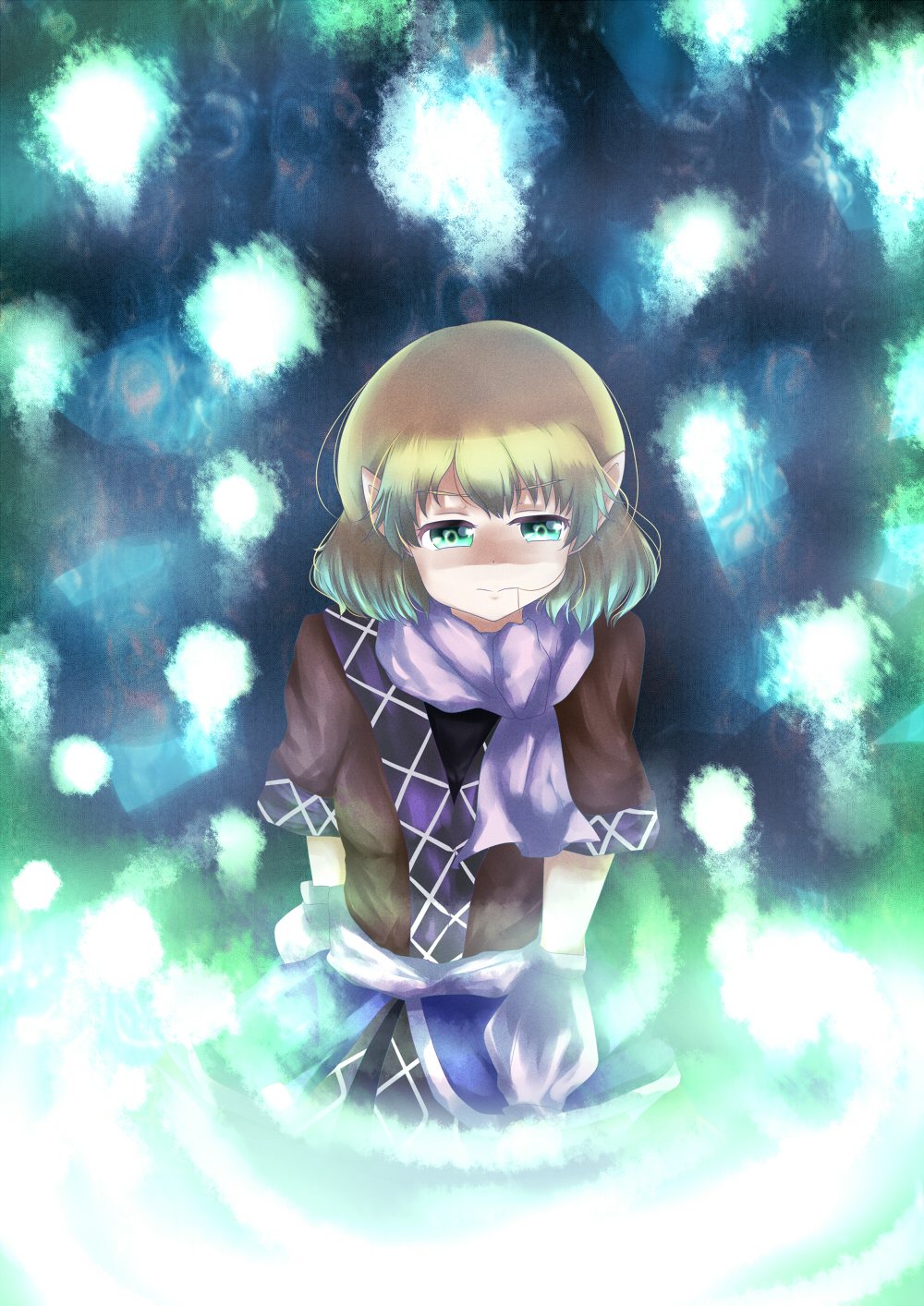 8hachio arm_warmers blonde_hair green_eyes hair_in_mouth highres mizuhashi_parsee pointy_ears scarf solo touhou