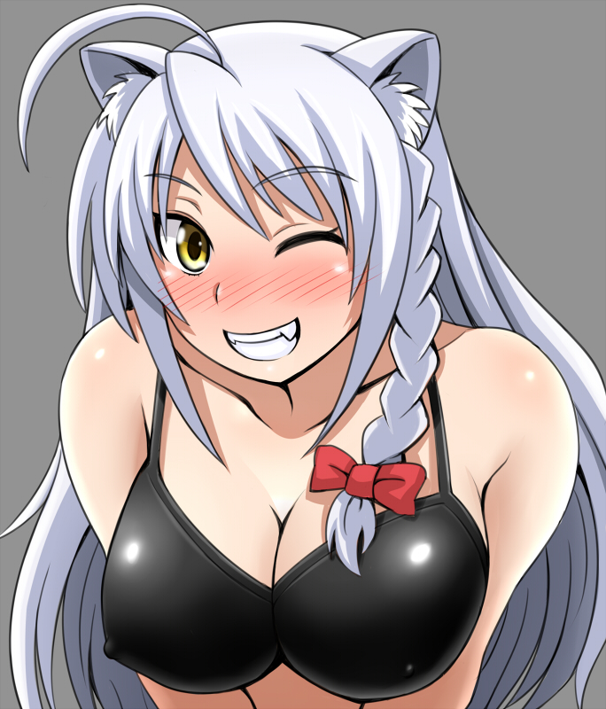 ahoge animal_ears black_bra blush bra braid breast_squeeze breasts cleavage dog_days fang jean-louis_(yuasa_rengou) leonmitchelli_galette_des_rois lingerie lion_ears long_hair simple_background single_braid solo underwear v_arms white_hair wink yellow_eyes