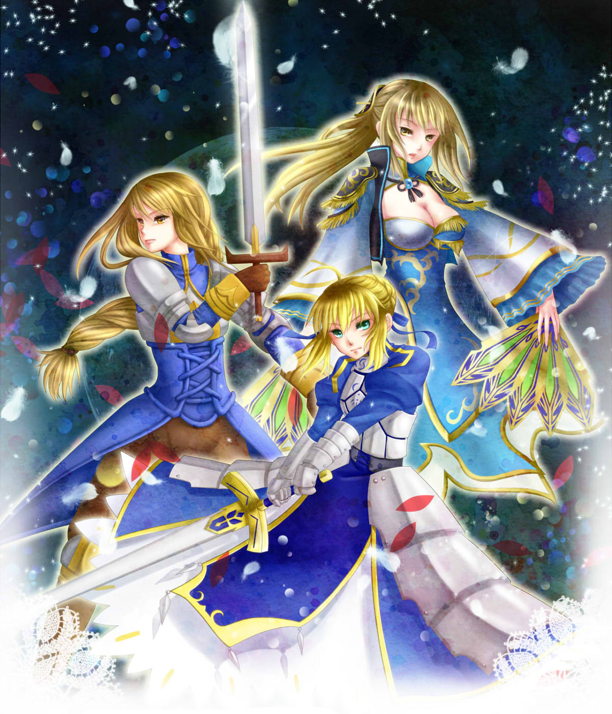 agrias_oaks ahoge armor armored_dress blonde_hair blue_eyes braid breasts brown_eyes cleavage_cutout color_connection crossover dress excalibur fan fate/stay_night fate_(series) faulds final_fantasy final_fantasy_tactics gauntlets highres large_breasts long_hair look-alike multiple_girls pauldrons ponytail saber shin_sangoku_musou shin_sangoku_musou_6 single_braid sword trait_connection wang_yuanji weapon yellow_eyes yososon yusoson