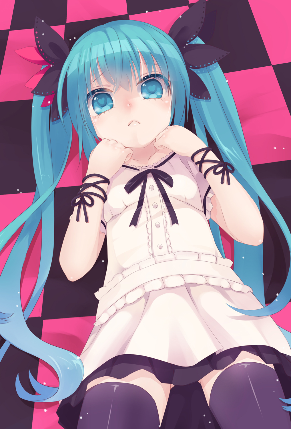 :&lt; aqua_eyes aqua_hair checkered hair_ribbon hatsune_miku heart heart-shaped_pupils heart_eyes highres long_hair looking_at_viewer mvv ribbon solo symbol-shaped_pupils thigh-highs thighhighs twintails very_long_hair vocaloid world_is_mine_(vocaloid) wrist_ribbon zettai_ryouiki