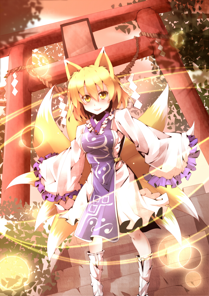 animal_ears blonde_hair boots dress fox_ears fox_tail hiro_(pqtks113) kyuubi lights long_sleeves magic_circle multiple_tails no_hat no_headwear outstretched_arms shide shimenawa short_hair smile solo stairs tabard tail torii touhou white_dress wide_sleeves yakumo_ran yellow_eyes