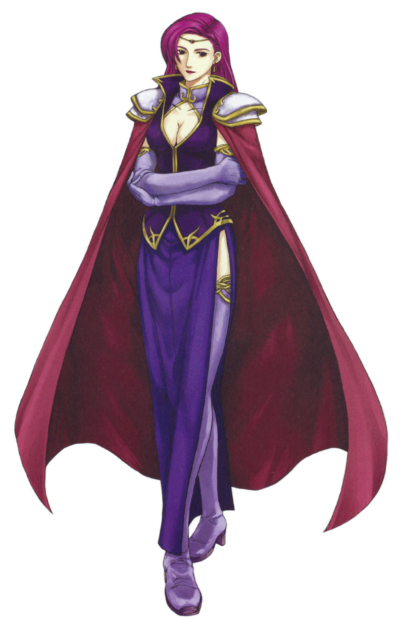 boots breasts brunya cape circlet cleavage earrings elbow_gloves fire_emblem fire_emblem:_fuuin_no_tsurugi fire_emblem_fuuin_no_tsurugi gloves highres jewelry kaneda_eiji lipstick long_hair makeup purple_eyes purple_hair side_slit thigh-highs thigh_boots thighhighs violet_eyes