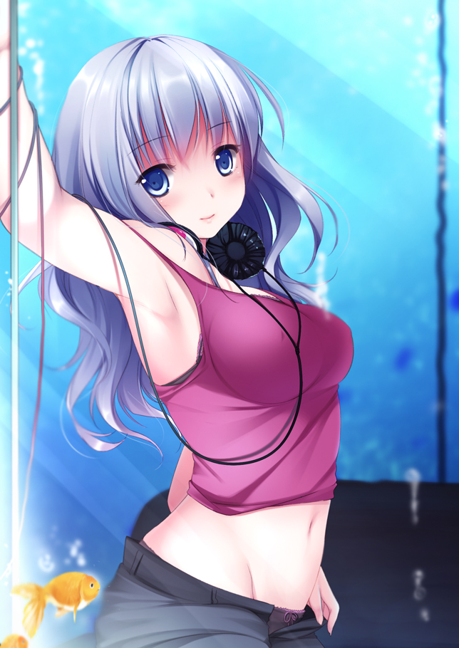 aquarium arm_up armpits bad_id blue_eyes bra breasts bubble cable fish goldfish headphones headphones_around_neck itou_nanami long_hair midriff mound_of_venus navel original panties pants purple_hair silver_hair smile solo tajima_mao tank_top unbuttoned underwear wire