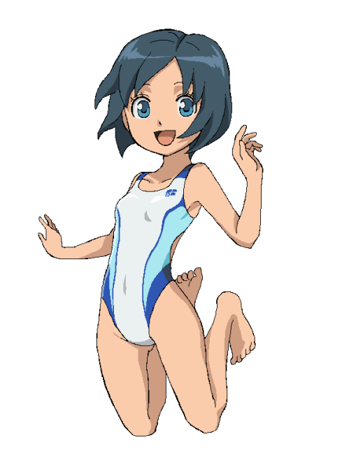 1girl blue_eyes blue_hair competition_swimsuit inazuma_eleven inazuma_eleven_(series) inazuma_eleven_go one-piece_swimsuit open_mouth short_hair smile sorano_aoi swimsuit