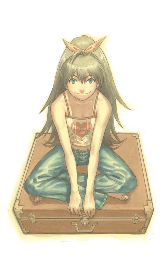 bad_id barefoot black_hair briefcase casual feet from_above ganaha_hibiki green_eyes hair_ribbon idolmaster indian_style jeans long_hair om_(carbohydratism) ponytail ribbon simple_background sitting smile solo suitcase tank_top tied_hair