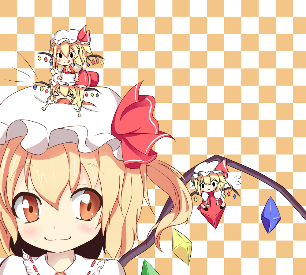 :p akina873 ascot blonde_hair blush closed_eyes eyes_closed flandre_scarlet four_of_a_kind_(touhou) hat minigirl multiple_girls multiple_persona open_mouth red_eyes ribbon short_hair side_ponytail skirt smile tongue touhou wings