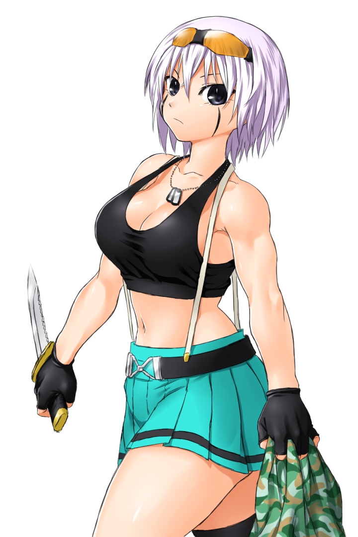 bare_shoulders black_eyes black_legwear breasts character_request cleavage dog_tags facial_mark fingerless_gloves gloves jewelry knife large_breasts lavender_hair looking_at_viewer midriff muscle navel necklace nejimaki_kagyu nejimaki_kagyuu onsoku_maru pleated_skirt short_hair skirt solo sunglasses sunglasses_on_head suspenders tank_top thigh-highs thighhighs togo_ryuko_matilda weapon