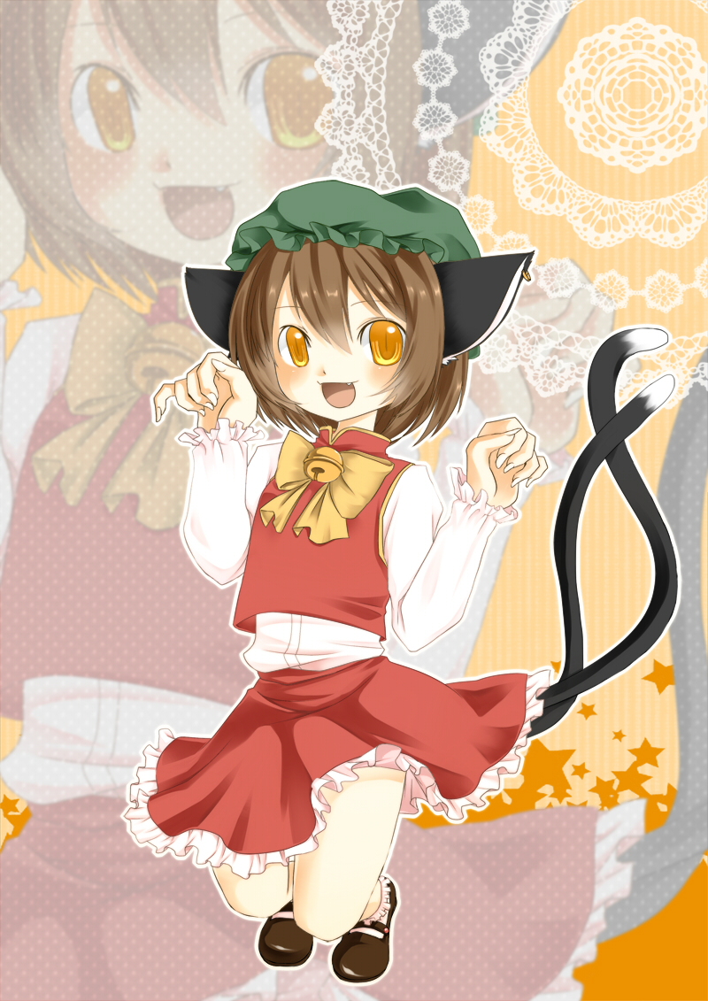 alternate_eye_color animal_ears arms_up bell bobby_socks brown_hair cat_ears cat_tail chen dress_shirt fang fingernails footwear frills hat high_collar jewelry jingle_bell kamo. kamo_(hase) lace long_sleeves looking_at_viewer mary_janes multiple_tails open_mouth orange_background shirt shoes short_hair single_earring skirt socks solo squatting star striped striped_background tail touhou vest yellow_eyes zoom_layer