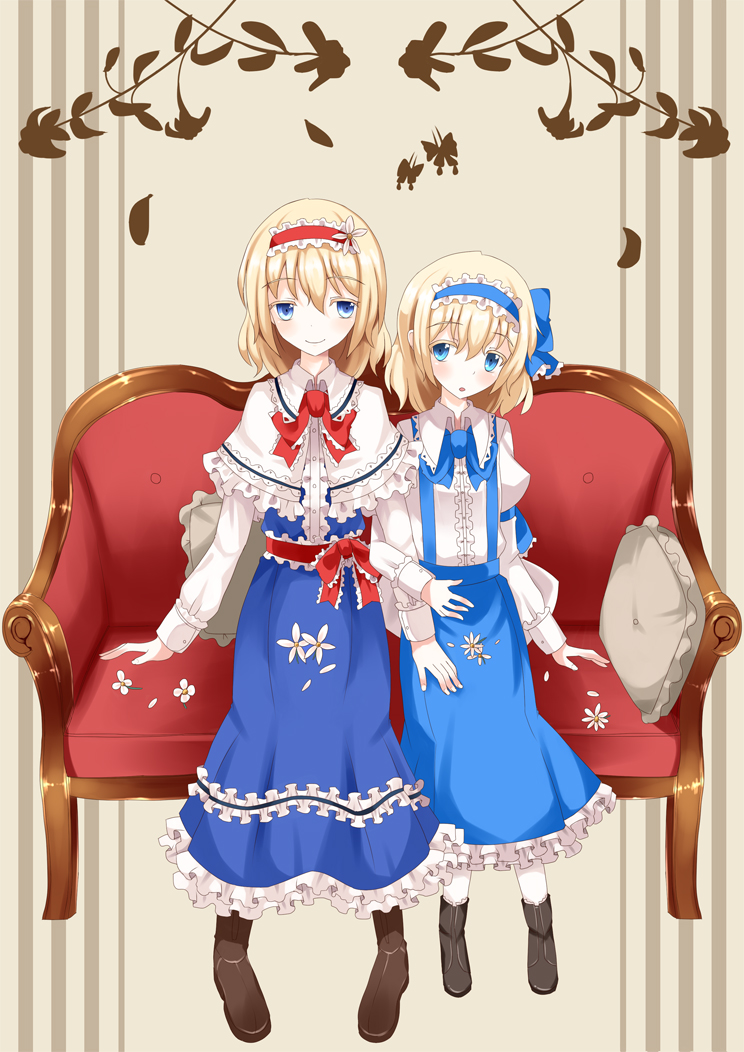 :o alice_margatroid alice_margatroid_(pc-98) armband blonde_hair blue_dress blue_eyes blush boots bow butterfly buttons capelet couch daisy dress dress_shirt dual_persona flower frills grey_background hair_ribbon hairband hand_on_thigh leaf locked_arms long_sleeves looking_at_another multiple_girls nanatuki13 open_hand pantyhose pillow ribbon sash shirt short_hair simple_background sitting smile striped striped_background suspenders time_paradox touhou touhou_(pc-98)