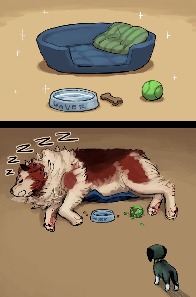 ball bed comic dog dog_bowl emlan fate/zero fate_(series) pet_bowl rider_(fate/zero) size_difference sleeping waver_velvet z