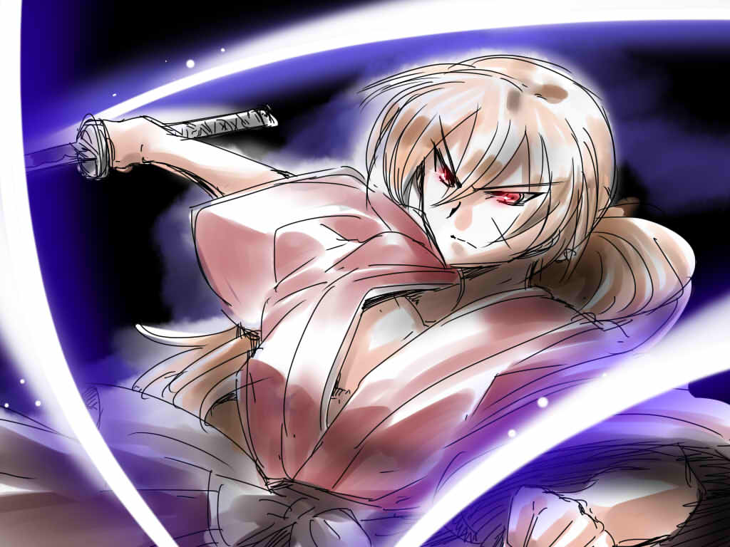 alternate_eye_color brown_hair himura_kenshin katana long_hair male ponytail red_eyes rurouni_kenshin scar sketch solo sword tsuki_wani weapon