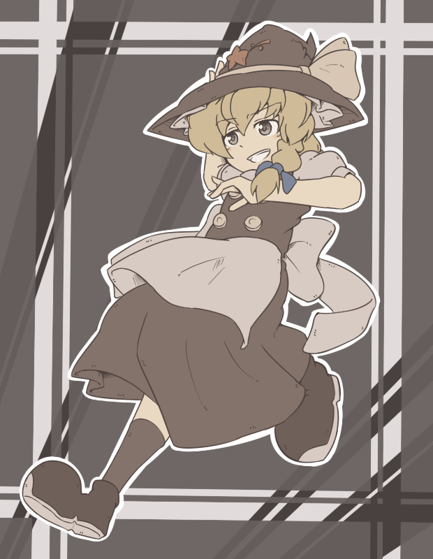 1girl blonde_hair braid dress grey_eyes grin hat hat_ribbon kirisame_marisa ribbon silver_eyes single_braid smile solo star touhou witch witch_hat