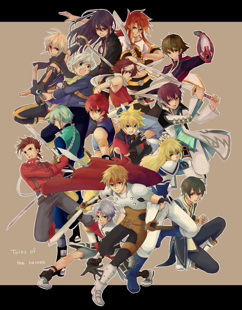 ahoge armor asbel_lhant bare_shoulders belt black_hair blonde_hair blue_eyes blue_hair boots bracelet braid brown_background brown_eyes brown_hair caius_qualls cless_alvein coat cyrus_(469622) detached_sleeves emil_castagnier everyone gloves green_eyes grey_eyes headband jude_mathis kyle_dunamis letterboxed lloyd_irving long_hair luke_fon_fabre multicolored_hair multiple_boys open_mouth orange_eyes pants red_eyes red_hair rid_hershel ruca_milda scarf senel_coolidge shing_meteoryte shoes short_hair silver_hair stahn_aileron sword tales_of_(series) tales_of_destiny tales_of_destiny_2 tales_of_eternia tales_of_graces tales_of_hearts tales_of_innocence tales_of_legendia tales_of_phantasia tales_of_rebirth tales_of_symphonia tales_of_symphonia_knight_of_ratatosk tales_of_the_abyss tales_of_the_tempest tales_of_vesperia tales_of_xillia veigue_lungberg vest yuri_lowell