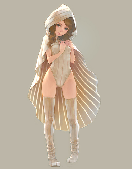 boots brown_hair cape grey_eyes hoodie looking_at_viewer one-piece_swimsuit original simple_background solo swimsuit thigh-highs thigh_boots thighhighs vertical-striped_legwear vertical_stripes weno